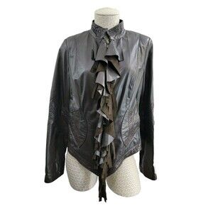 LM Women's Medium Pasha Veneto Ruffle Fringe Brown Leather Jacket Designer Coat